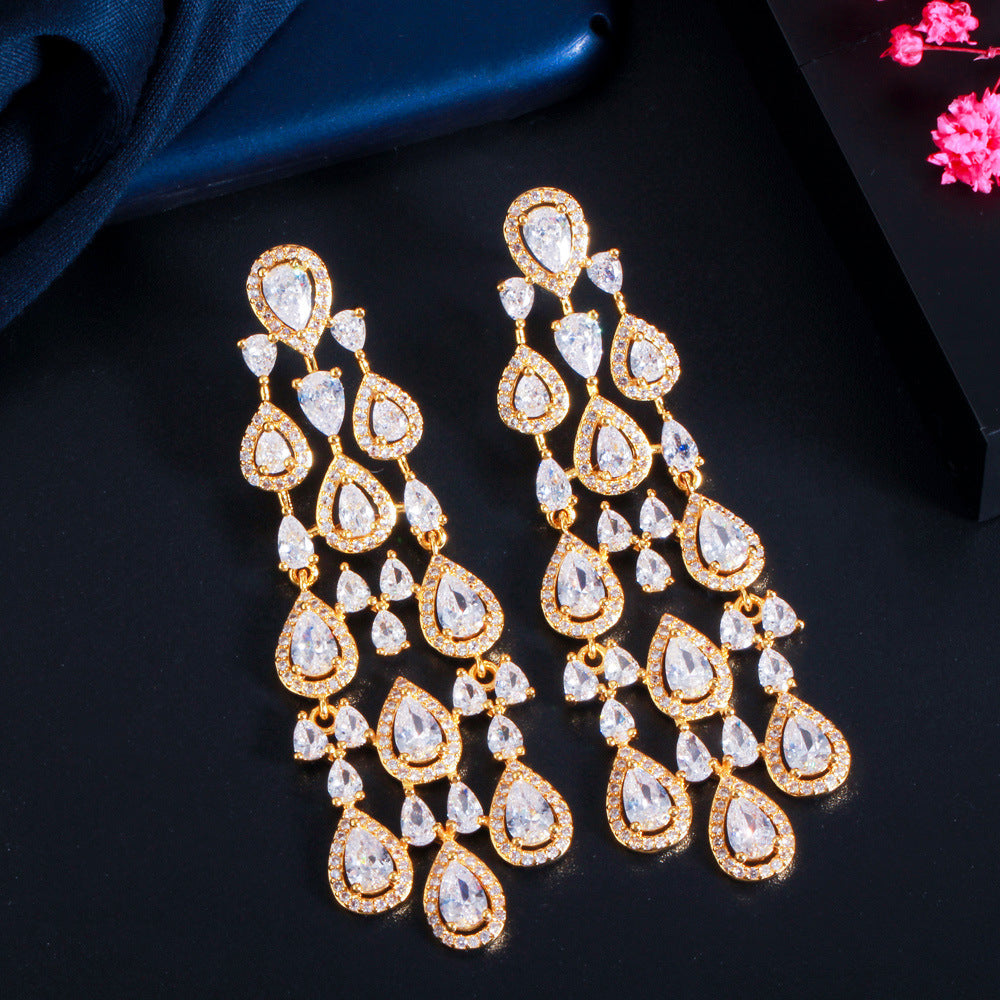 European and American fashion-style fringed earrings banquet-length elegant copper micro-set zirconia earrings accessory for clothing and decoration