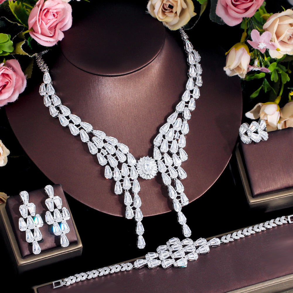 French elegant and luxurious full-diamond choker wedding dress accessories necklace earrings bracelet ring set