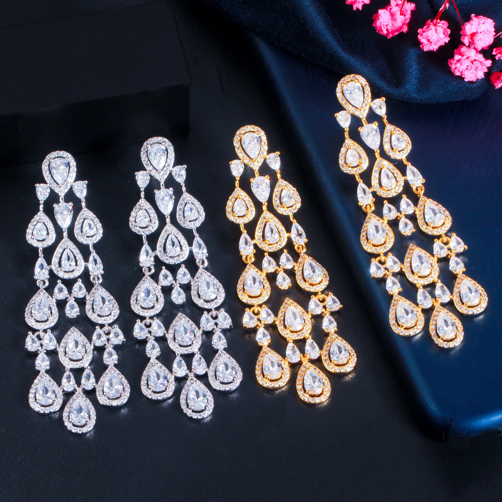 European and American fashion-style fringed earrings banquet-length elegant copper micro-set zirconia earrings accessory for clothing and decoration