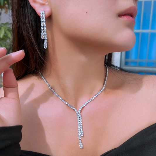 Dazzling Luxury Diamond-Encrusted Necklace and Earrings for Evening Wedding Bridal Accessories Set with Flowing Tassels and Elegant Charm Party Zircon Set