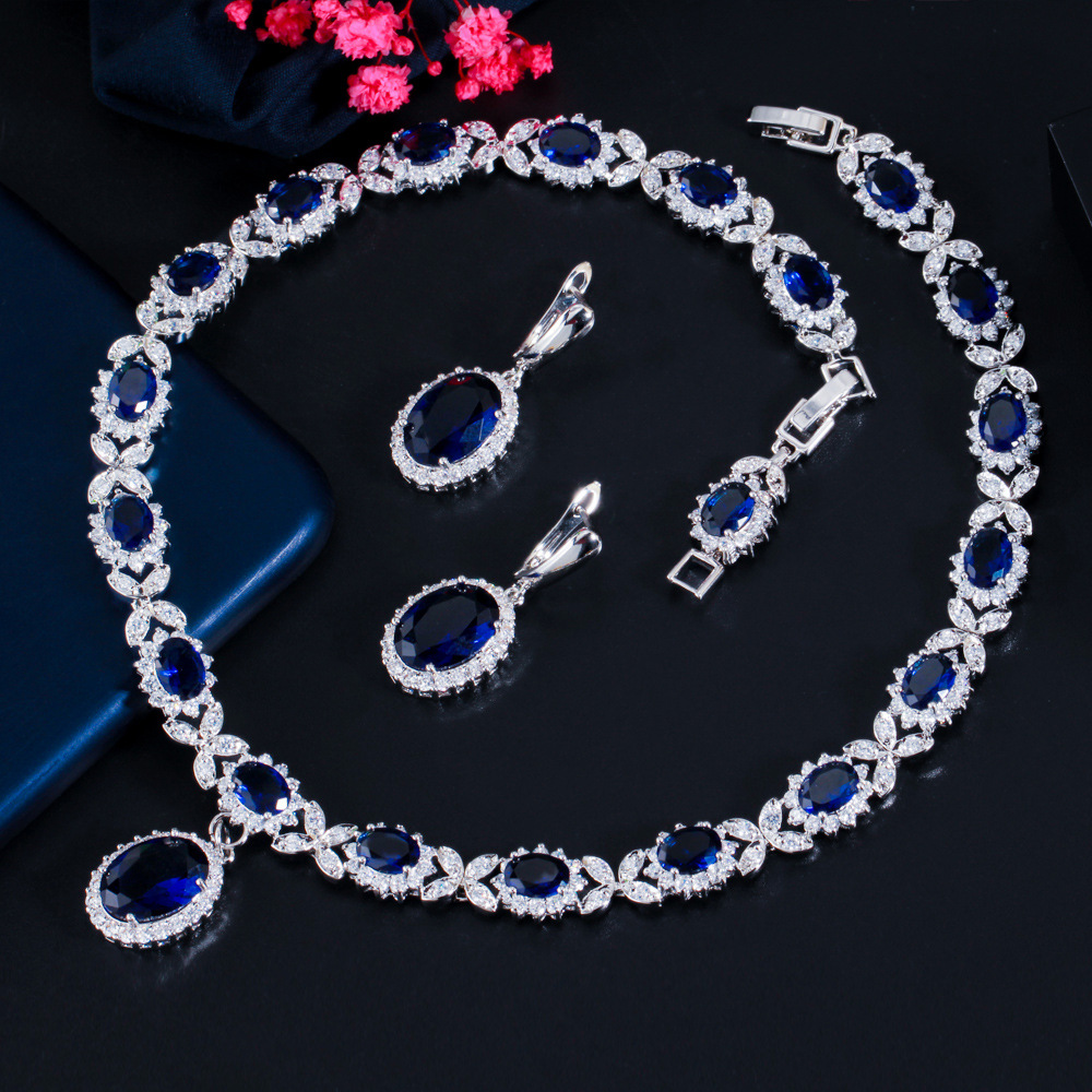 European and American fashionable bridal sapphire earrings and necklace set chain AAA zircon jewelry evening wedding dress accessories
