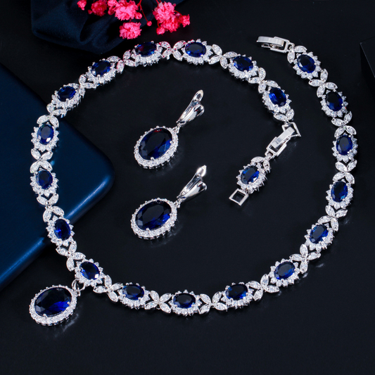 European and American fashionable bridal sapphire earrings and necklace set chain AAA zircon jewelry evening wedding dress accessories