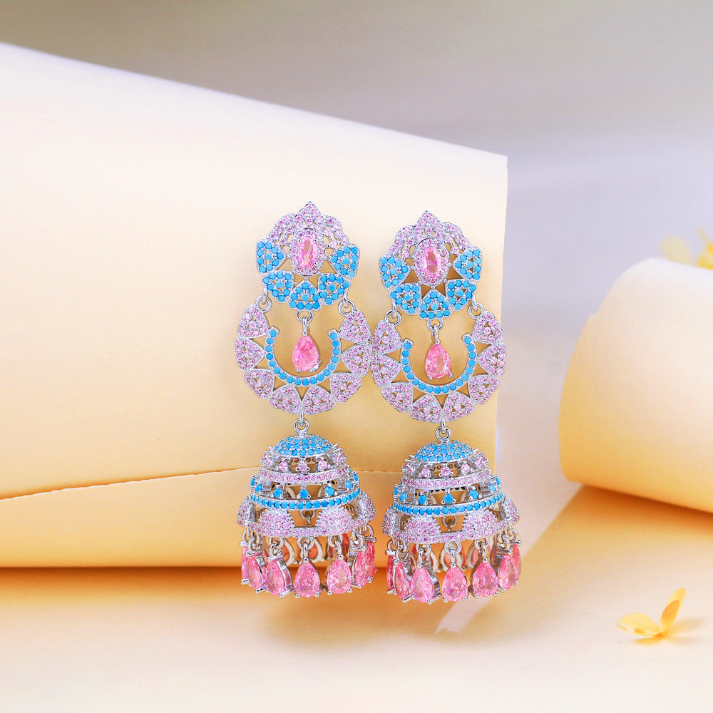 S925 silver needle luxury glittering with full diamonds heavy-weight three-dimensional wind chime long-style ear pendant with micro-set colored zircon bells earrings accessory