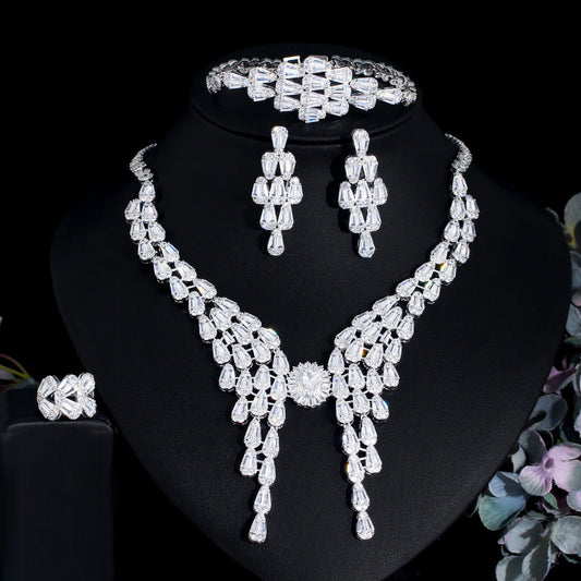 French elegant and luxurious full-diamond choker wedding dress accessories necklace earrings bracelet ring set