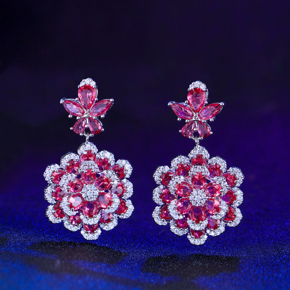 S925 silver needle luxury niche design double-layer flower-shaped synthetic red corundum earrings stylish and elegant zircon earrings