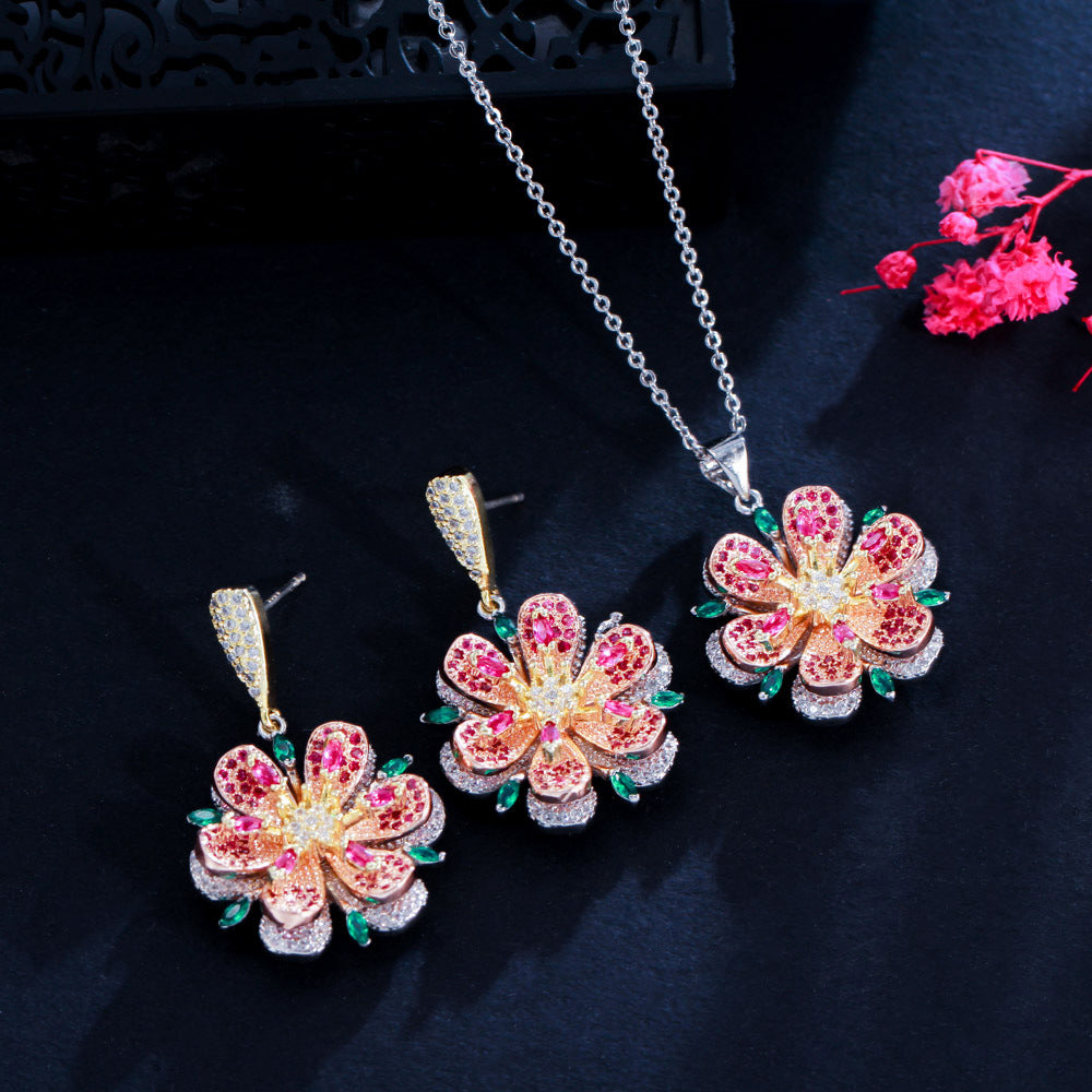 European and American rose-shaped earrings and necklace set - three-dimensional camellia flower colored zirconium stone chain - fashionable and versatile ear accessories and necklaces