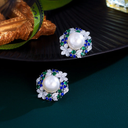 S925 silver filigree light luxury emerald sunflower pearl earrings - a unique piece featuring zirconium stone inlaid flower-shaped earrings