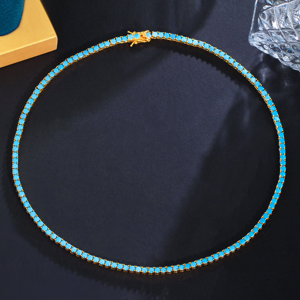 European Retro Blue Turquoise Collar Chain Gold Plated Brass Single Row 3mm Hip-Hop Tennis Chain Necklace