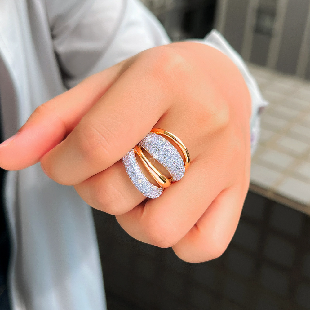 European and American niche luxury copper-plated two-tone 18K gold zirconia geometric opening ring for women fashionable hip and unique finger jewelry