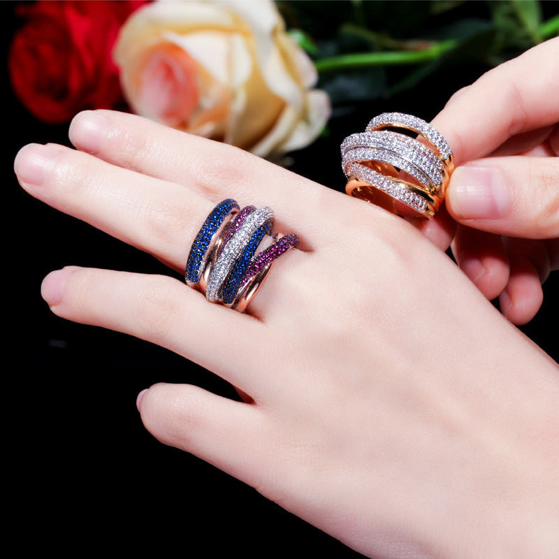 European and American personalized creative ring with micro-set five-row AAA zirconia stonesGuaranteed color stability