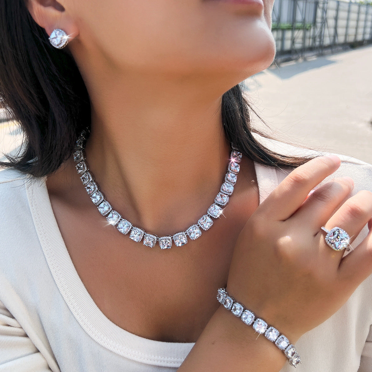 Jewelry set: Dopamine geometric cube zirconia necklace earrings bracelet ring - a set of four pieces Chain for evening dress accessories