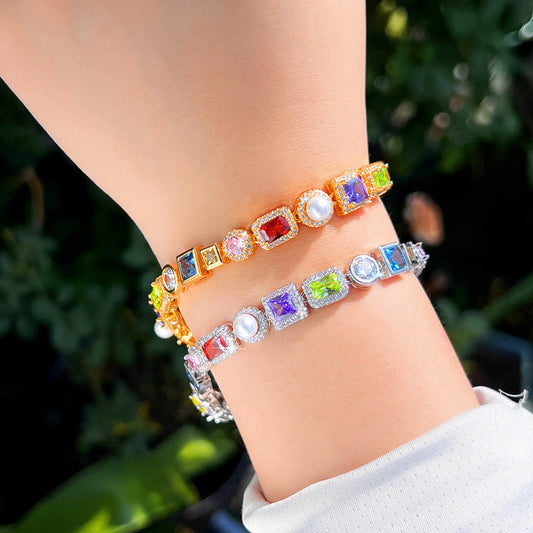 European and American high-end casual colored zirconia bracelethip-hop stylemen's and women's versiontrendy shell and pearl inlaid with diamonds rainbow style jewelry accessory