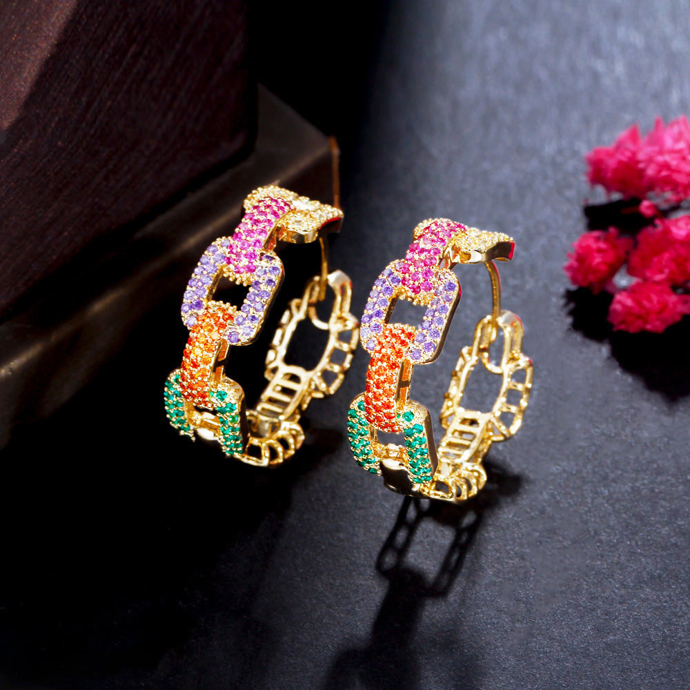 French-style rainbow hoop earrings with colorful zirconia stones small red book Douyin influencer gradient color chain ear ring accessory