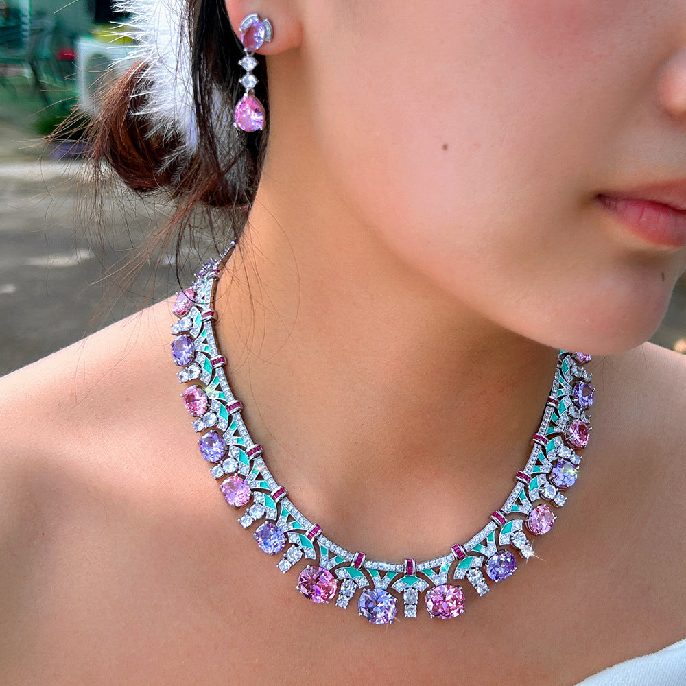 Star-studded style necklace and earrings set with chain elegant enamel heavy-duty set formal dress set zircon jewelry set