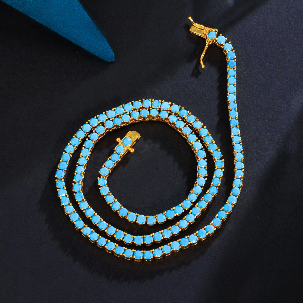 European Retro Blue Turquoise Collar Chain Gold Plated Brass Single Row 3mm Hip-Hop Tennis Chain Necklace