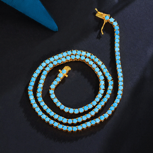 European Retro Blue Turquoise Collar Chain Gold Plated Brass Single Row 3mm Hip-Hop Tennis Chain Necklace