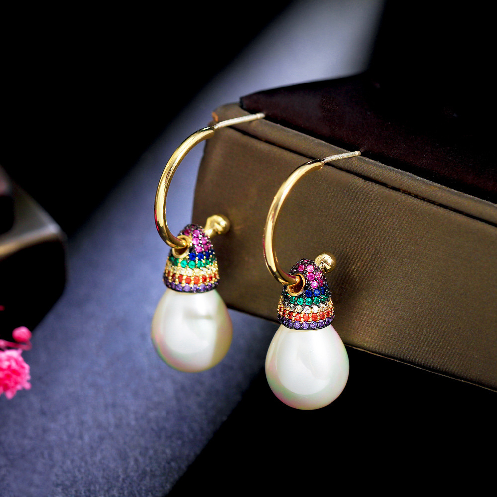 S925 silver jewelry trendy online celebrity rainbow earrings in retro court style with heavy-colored zirconia small skirt-shaped earrings with ear hooks