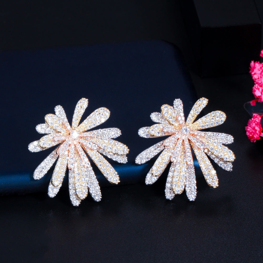 European and American fashion three-layered multi-layered flower-shaped zirconia stud earrings Full-diamond brass three-color electroplated sunflower style earrings