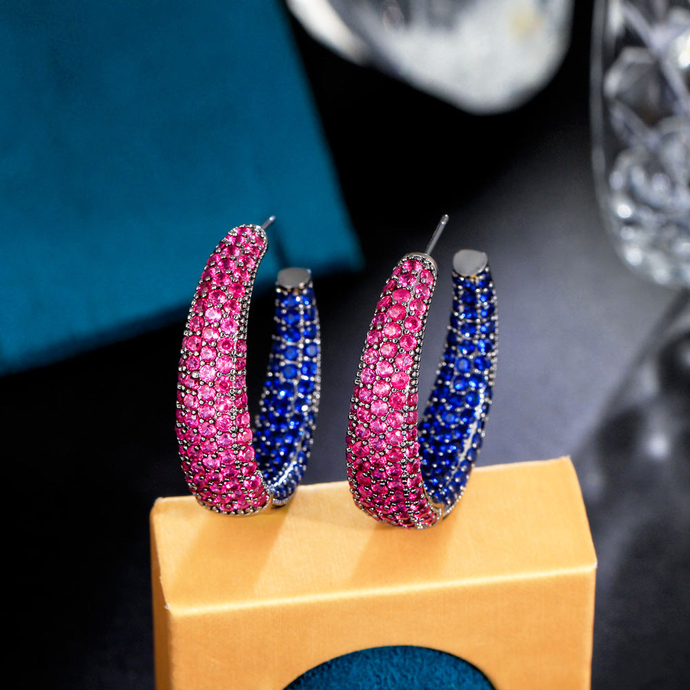 S925 silver needle European luxury exaggerated and grand circular ear stud earrings with black zirconium gemstone inlay, ear jewelry C-shaped earrings