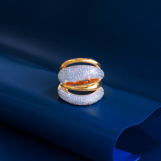 European and American niche luxury copper-plated two-tone 18K gold zirconia geometric opening ring for women fashionable hip and unique finger jewelry