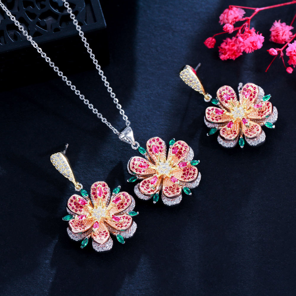 European and American rose-shaped earrings and necklace set - three-dimensional camellia flower colored zirconium stone chain - fashionable and versatile ear accessories and necklaces
