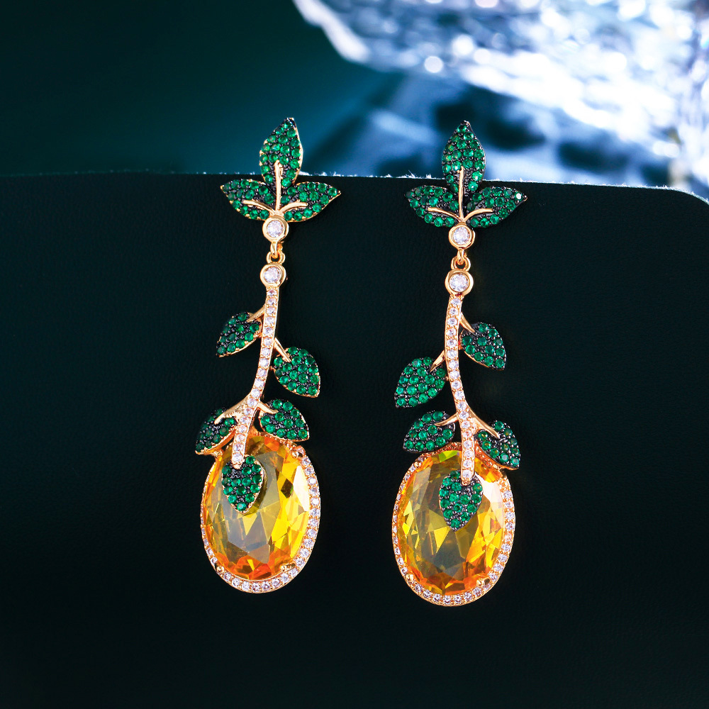 European vintage heavy-duty yellow gemstone green leaf exaggerated long-style earrings unique royal-style earrings
