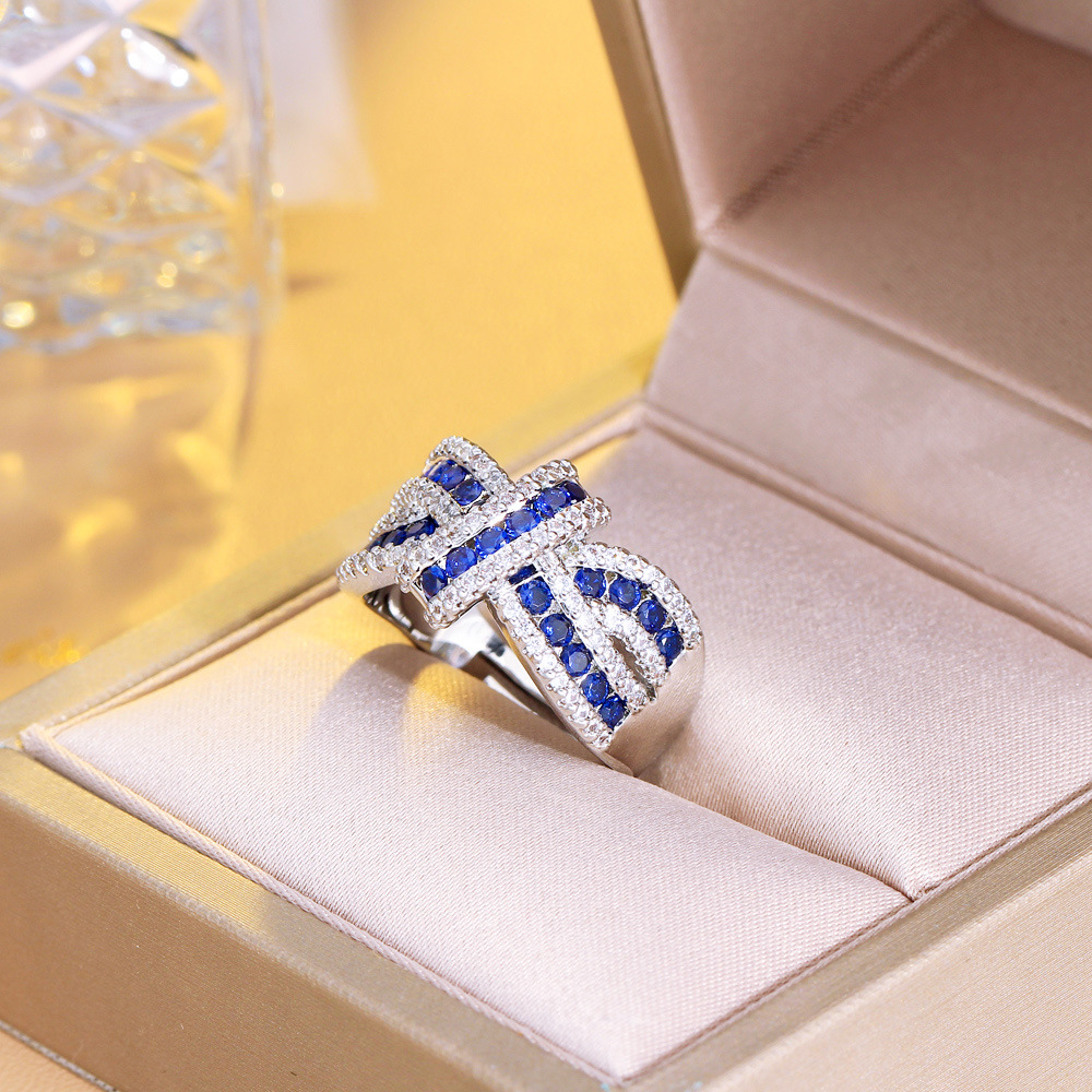 Luxury chic sparkling three-dimensional bow set with diamonds open ring irregular strip-shaped crossed zirconium ring finger ring