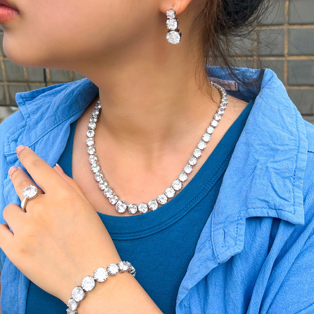 European style minimalist banquet dress accessory set - chain with zirconia necklace earrings bracelet and ring set