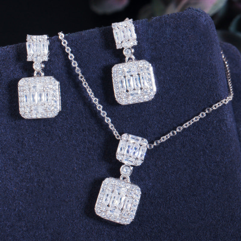Korean version of S925 silver heart-shaped stud earrings with tiny inlaid zirconia pendant necklace set - elegant jewelry popular online item must-have accessory