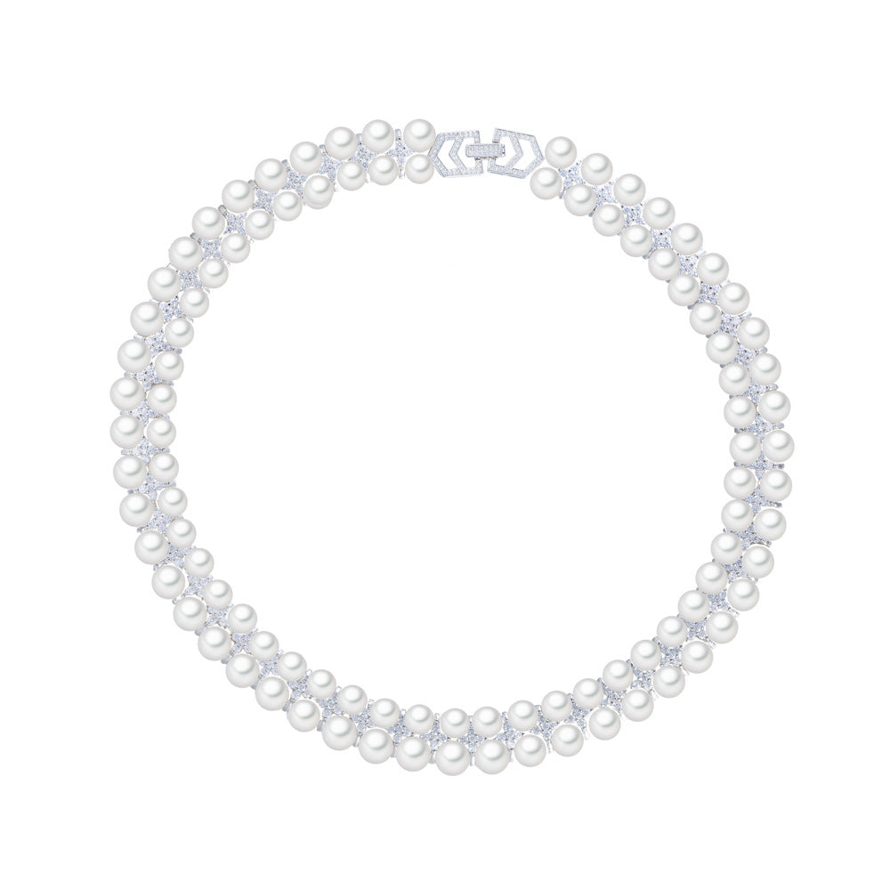 Korean fashionista double-layer freshwater pearl necklace - elegant and unique collar chain with pearl and zircon gemstones - women's necklace