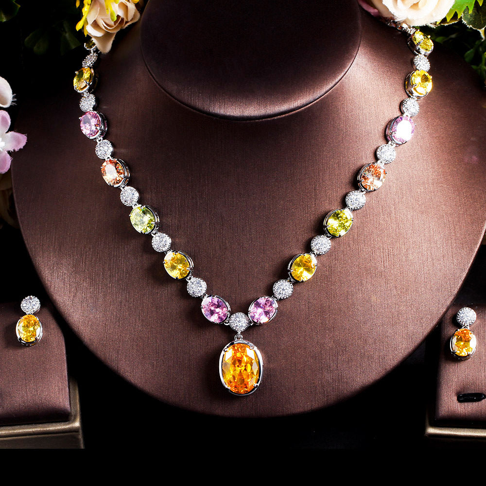 European and American ultra-fantastic retro-style colored zirconia necklace earrings and chain set bridal jewelry set of two pieces