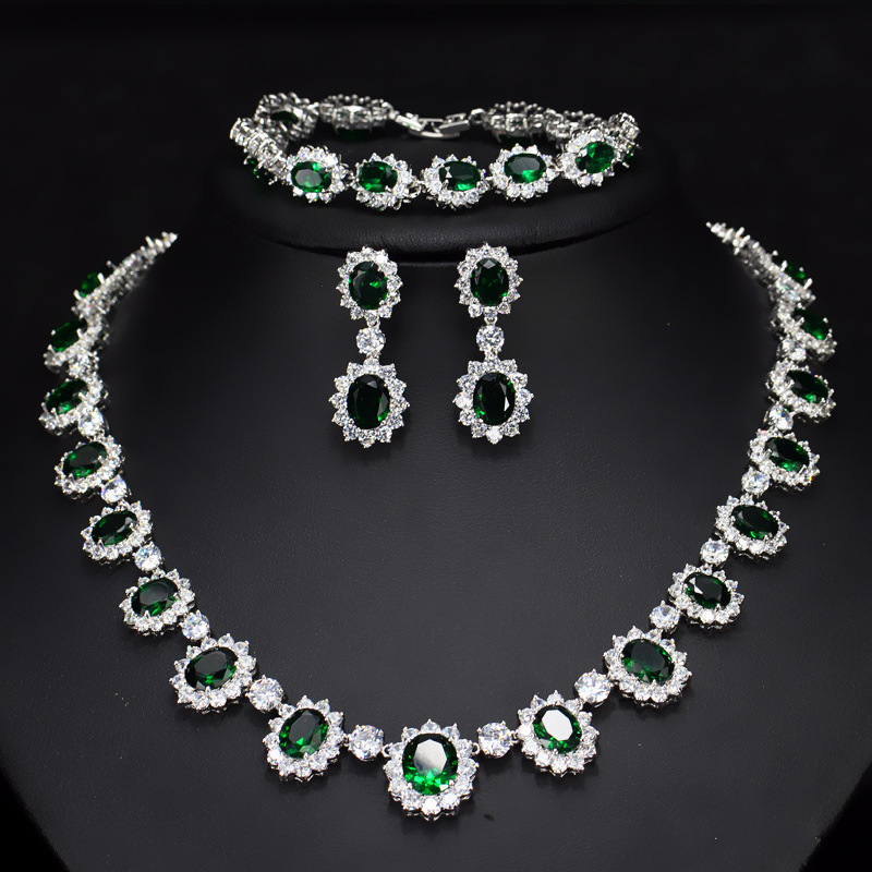European and American brides' wedding wedding dress banquet jewelry set Micro-set AAA zirconia earrings necklaces and bracelets set