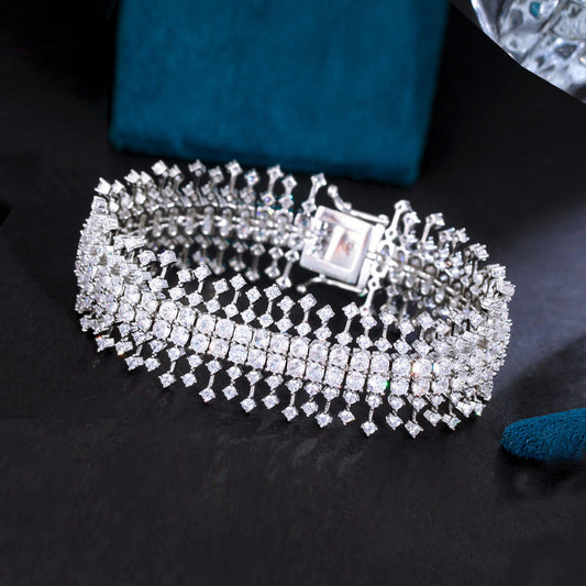 Luxury-Style Heavy-duty Brass Zirconium Stone Bracelet with Glittering Multi-Layered Full-Diamonds for Ladies Elegant Banquet Dress Accessories Handwear Items