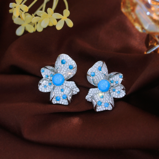 Court-style minimalist luxury full of zircon flowers and blue turquoise S925 silver needle-shaped earrings and earings elegant and grand jewelry style ear accessories