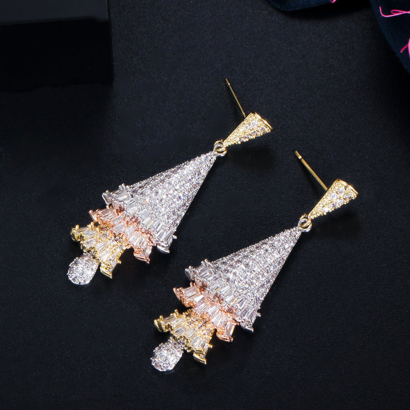 Guangzhou Popular Accessories - European-style Micro-Inset Zirconia Three-Color Crafted Three-Dimensional Skirt Earrings Christmas Tree Earrings Manufacturer