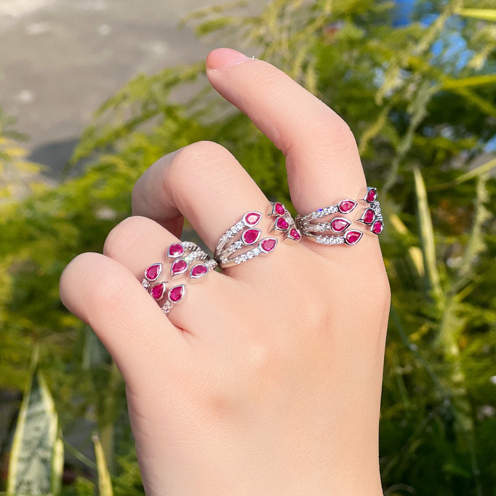 Japanese and Korean sweet waterdrop ruby ring with tiny inlaid zircons a unique design with a high-end touch a three-row handpiece ring