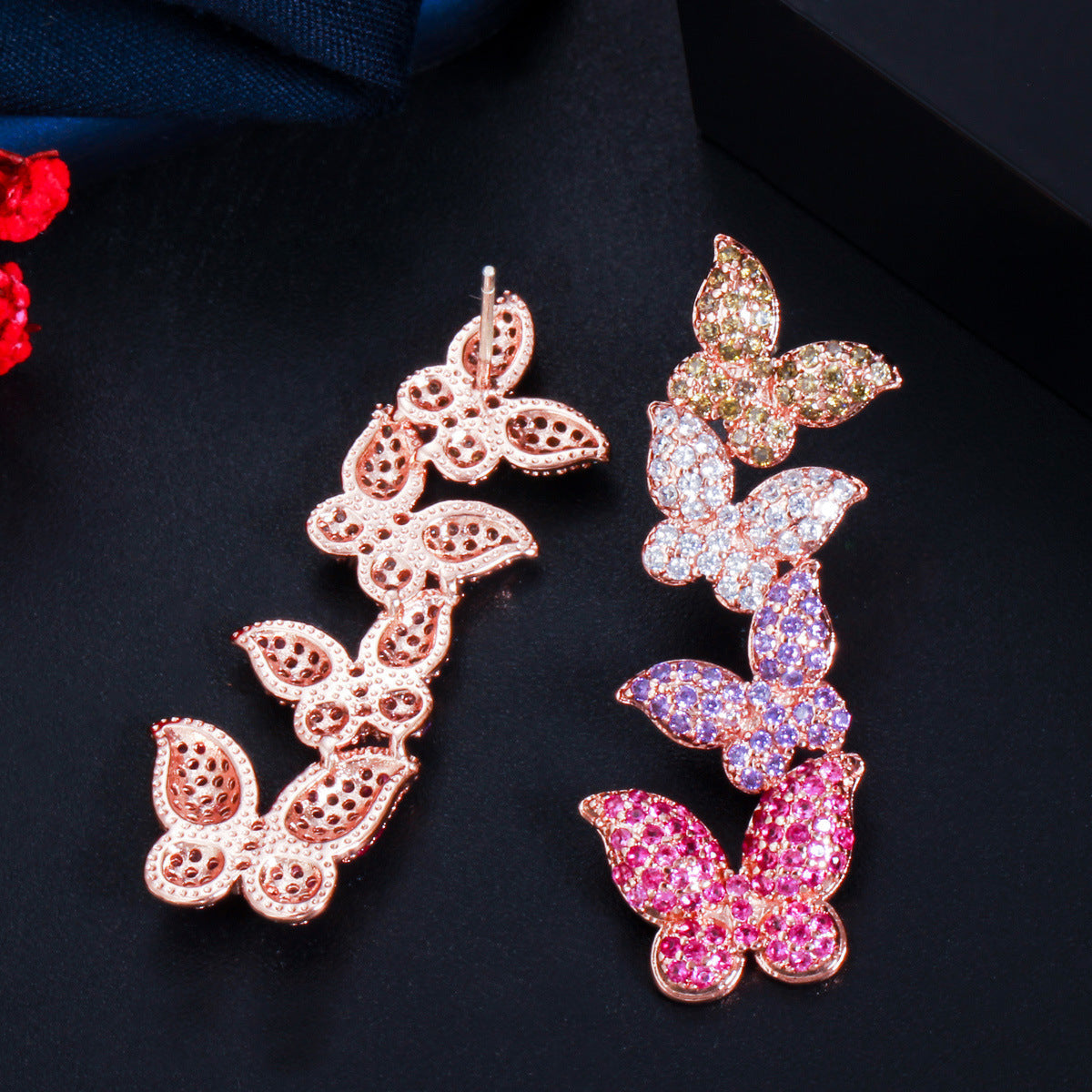 S925 silver needle rose gold butterfly zirconia earrings - Korean version versatile and fashionable ear accessories