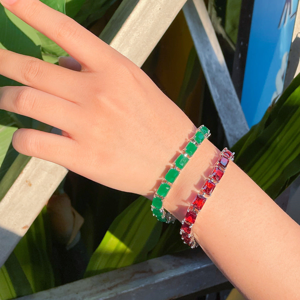 European and American rectangular-shaped zirconia bracelets with multiple colors available. Simple and fashionable gemstone jewelry for women as a gift