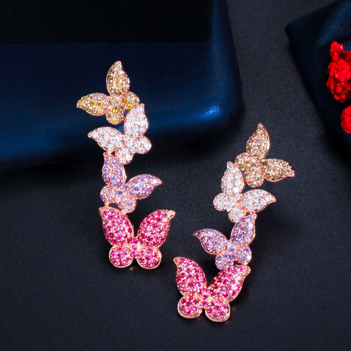 S925 silver needle rose gold butterfly zirconia earrings - Korean version versatile and fashionable ear accessories