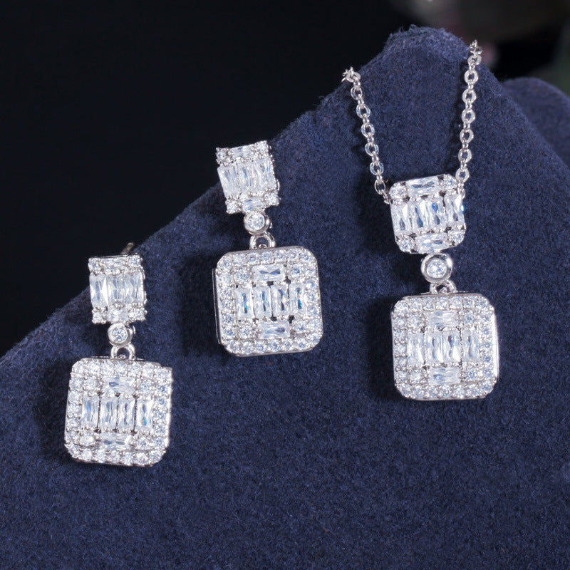 Korean version of S925 silver heart-shaped stud earrings with tiny inlaid zirconia pendant necklace set - elegant jewelry popular online item must-have accessory