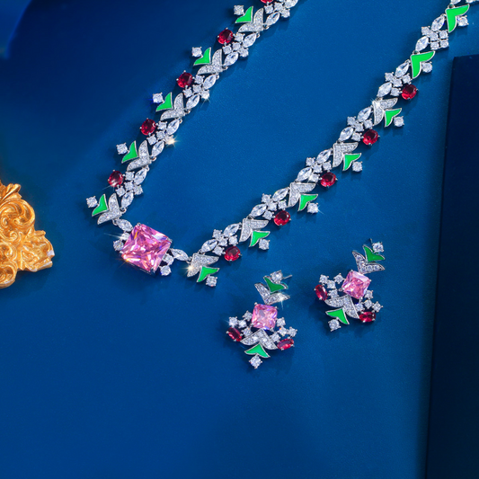 Feminine French vintage polychrome zircon jewelry necklace set - perfect for wedding and banquet occasions featuring an elegant necklace earrings and a chain