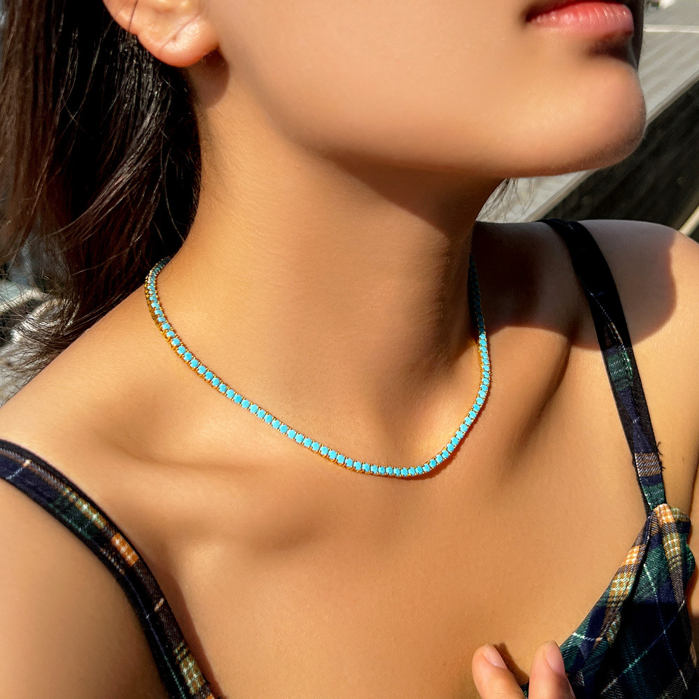 European Retro Blue Turquoise Collar Chain Gold Plated Brass Single Row 3mm Hip-Hop Tennis Chain Necklace