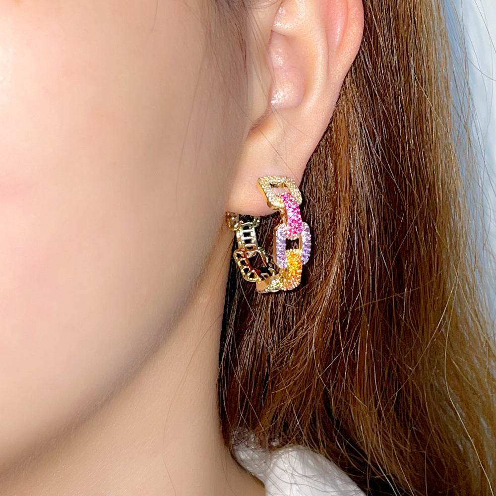 French-style rainbow hoop earrings with colorful zirconia stones small red book Douyin influencer gradient color chain ear ring accessory