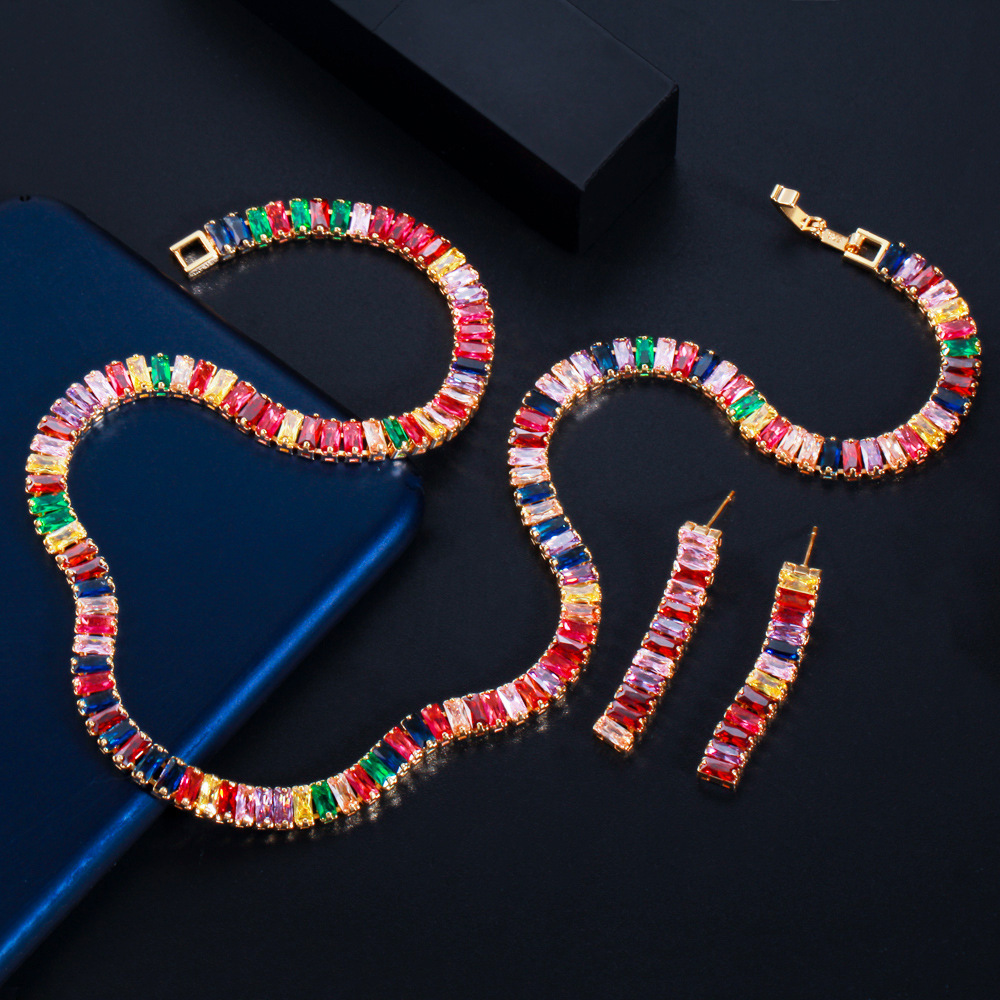 European and American full-cut diamond simple rainbow-colored zircon necklace fashionable evening party necklace earrings set