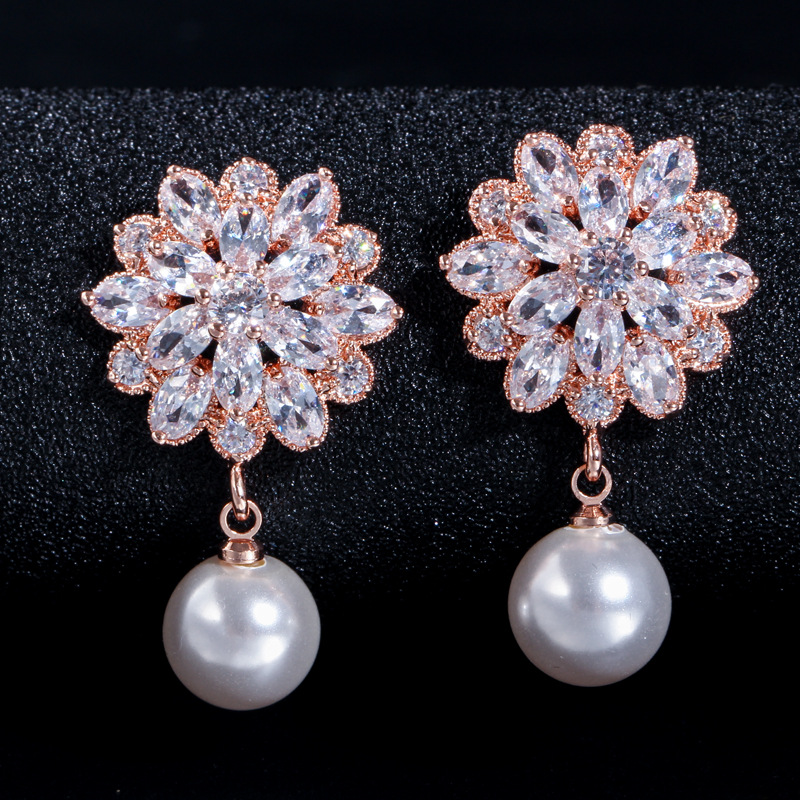 European-style bridal earrings - pearl with tiny inlaid zirconia combination earrings