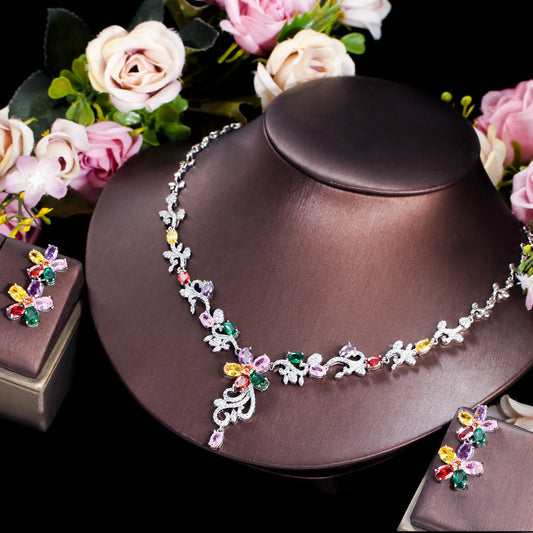 Korean version classic Instagram-style colorful zircon necklace and earring set - fashionable and versatile suitable for both formal and casual occasions including wedding gowns