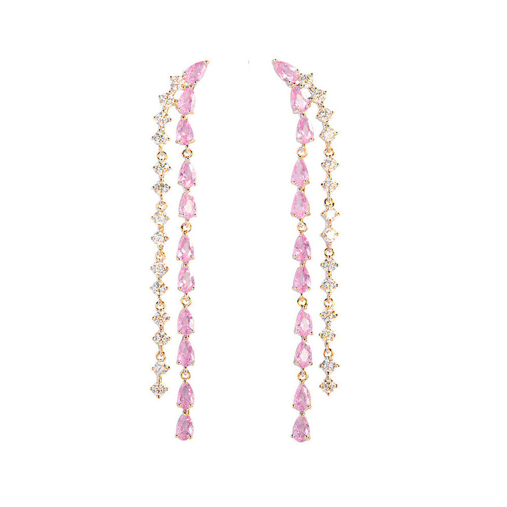 S925 silver thread fresh and sweet fairy-style powder diamond long dangling earrings with ultra-shiny full-zirconia and versatile ear pendants