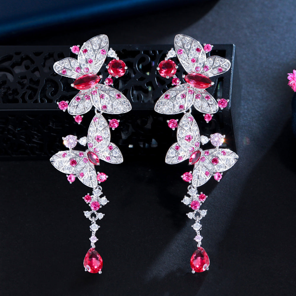 S925 silver needle elegant lady butterfly ear ring with elegant earrings Tiny-set zirconia butterfly zirconia earrings