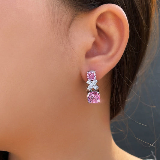 Luxury light and elegant, fresh and sweet, sparkling diamond princess pink square stud earrings for formal events Elegant party earrings with micro-set zirconia in pink color Earrings set with small diamonds