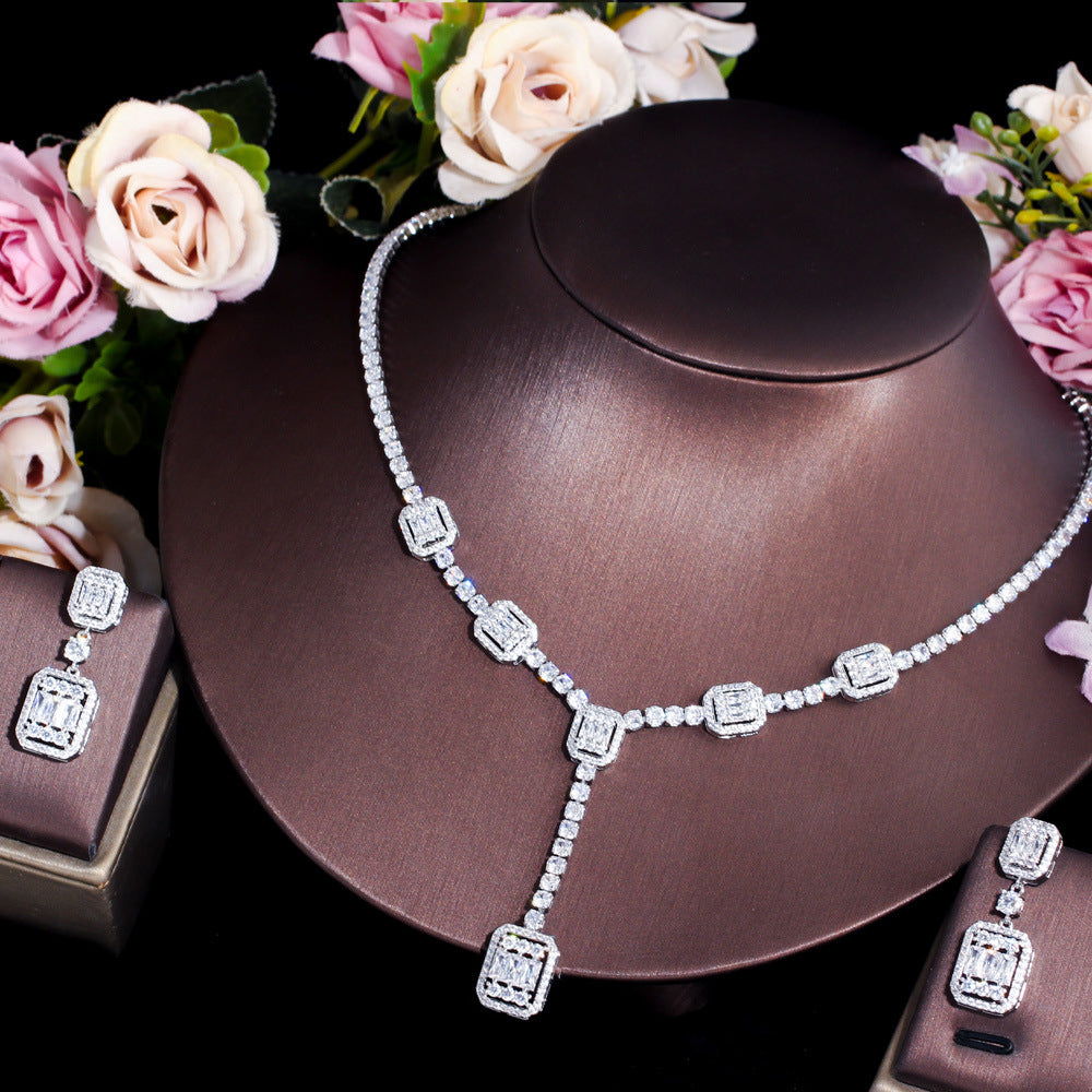 European and American bride jewelry set - dazzling zircon wedding necklace earrings two-piece chain evening gown dress wedding accessory set